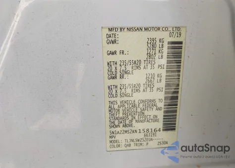 2019 Nissan Murano Platinum from USA, damaged, VIN 5N1AZ2MS2KN158164